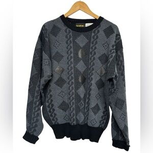 Vintage Nordic Sweater Geometric Knit Black Gray XL